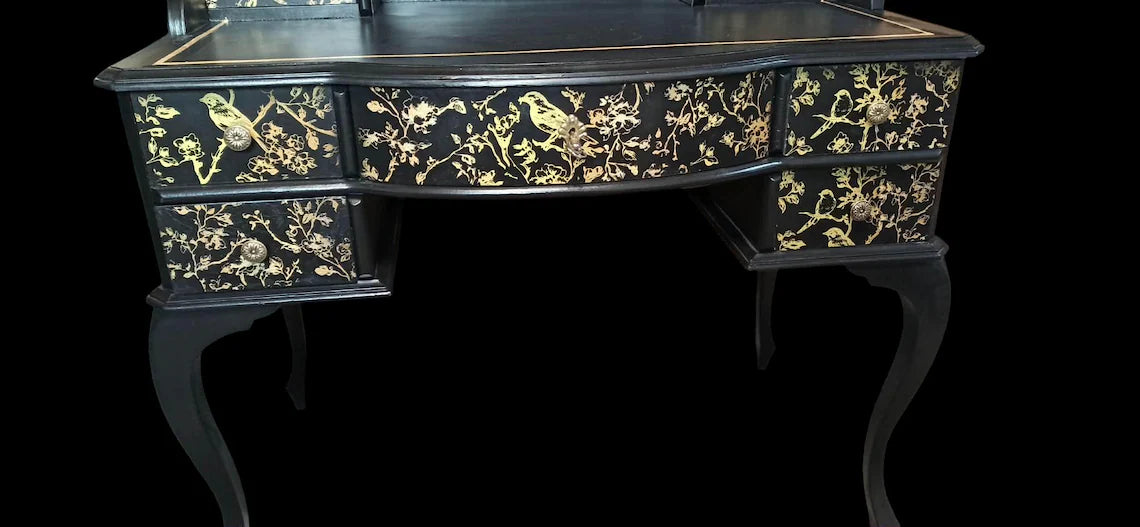 Vintage Schreibtisch mit Aufsatz | Chinoiserie Schreibtisch Schwarz & Gold | 7 Schubladen | Isa