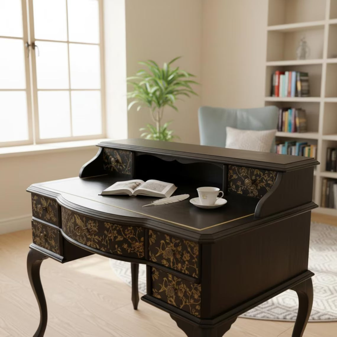 Vintage Schreibtisch mit Aufsatz | Chinoiserie Schreibtisch Schwarz & Gold | 7 Schubladen | Isa