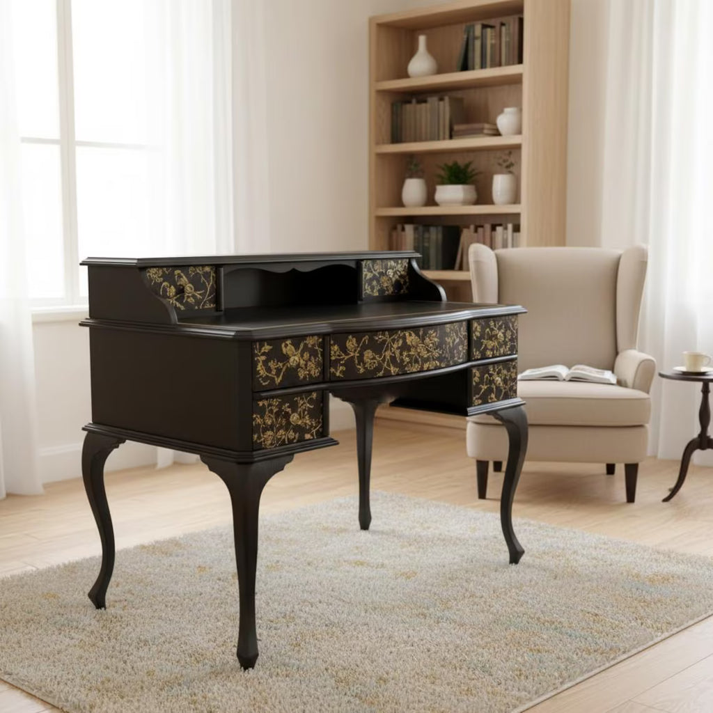 Vintage Schreibtisch mit Aufsatz | Chinoiserie Schreibtisch Schwarz & Gold | 7 Schubladen | Isa