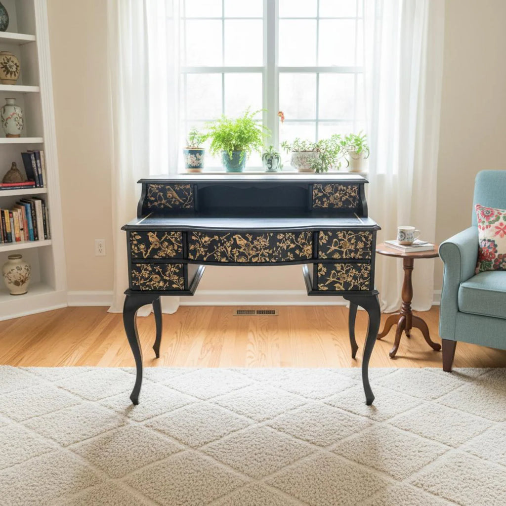 Vintage Schreibtisch mit Aufsatz | Chinoiserie Schreibtisch Schwarz & Gold | 7 Schubladen | Isa