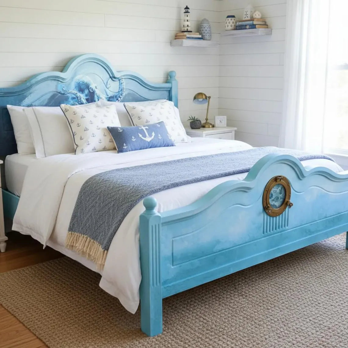 Maritimes Vintage Doppelbett 180×200 cm mit Echtglas-Luke | Aufgearbeitetes Holzbett | Calypso