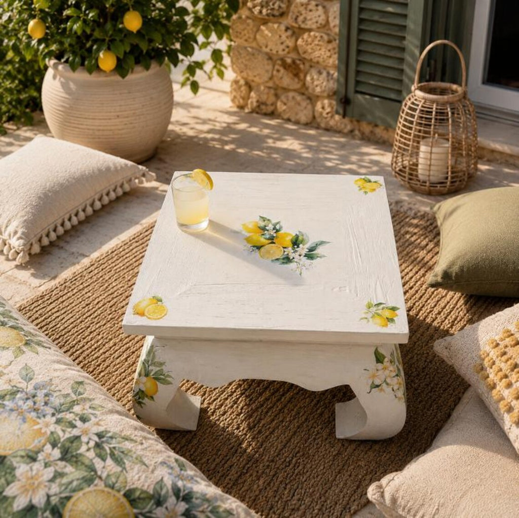 Mediterraner Couchtisch mit Zitronenmotiv – Vintage Landhaus Massivholz