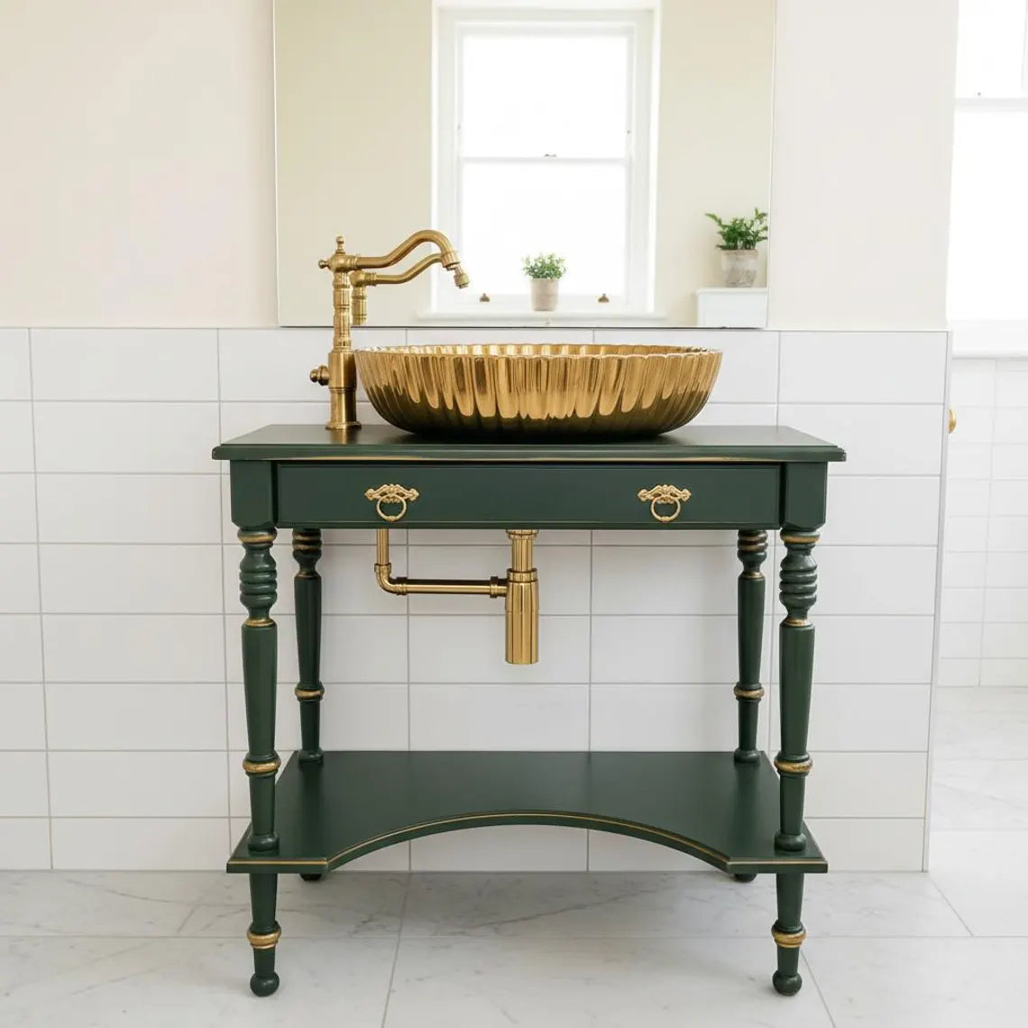 Vintage Waschtisch mit Waschbecken – Grün & Gold – aufgearbeitete Badkonsole – Arabella