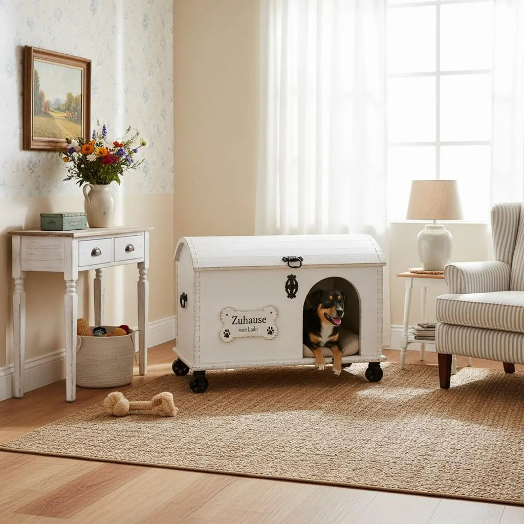 Hundehöhle aus Vintage Holztruhe mit Hundebett & Stauraum – personalisiert | Lulu