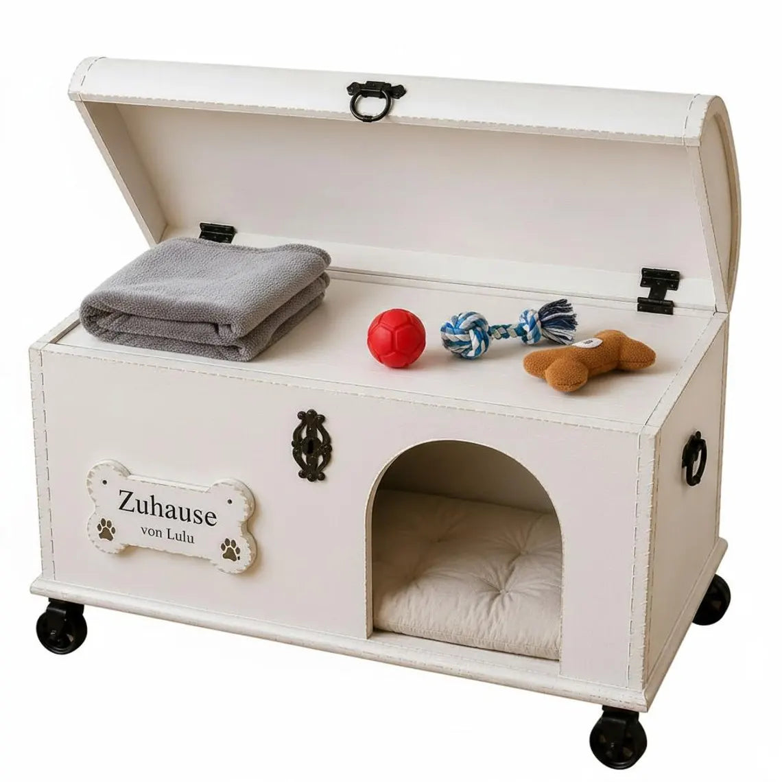 Hundehöhle aus Vintage Holztruhe mit Hundebett & Stauraum – personalisiert | Lulu