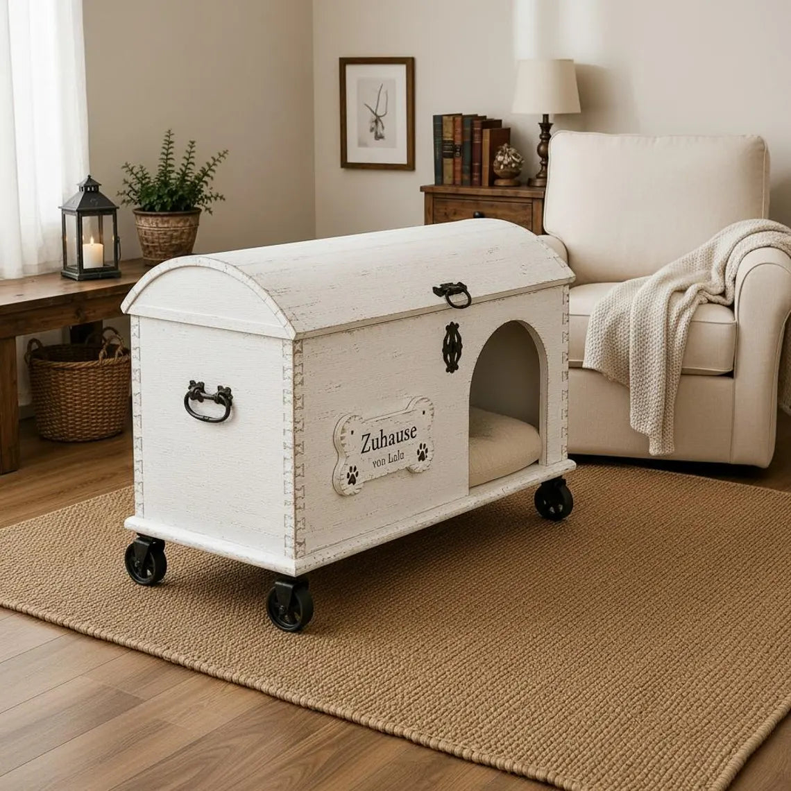 Hundehöhle aus Vintage Holztruhe mit Hundebett & Stauraum – personalisiert | Lulu