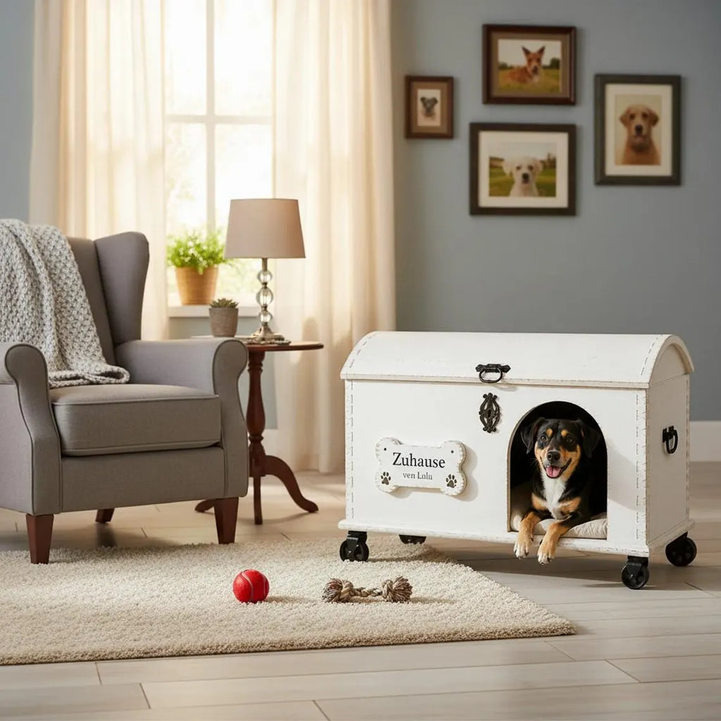 Hundehöhle aus Vintage Holztruhe mit Hundebett & Stauraum – personalisiert | Lulu