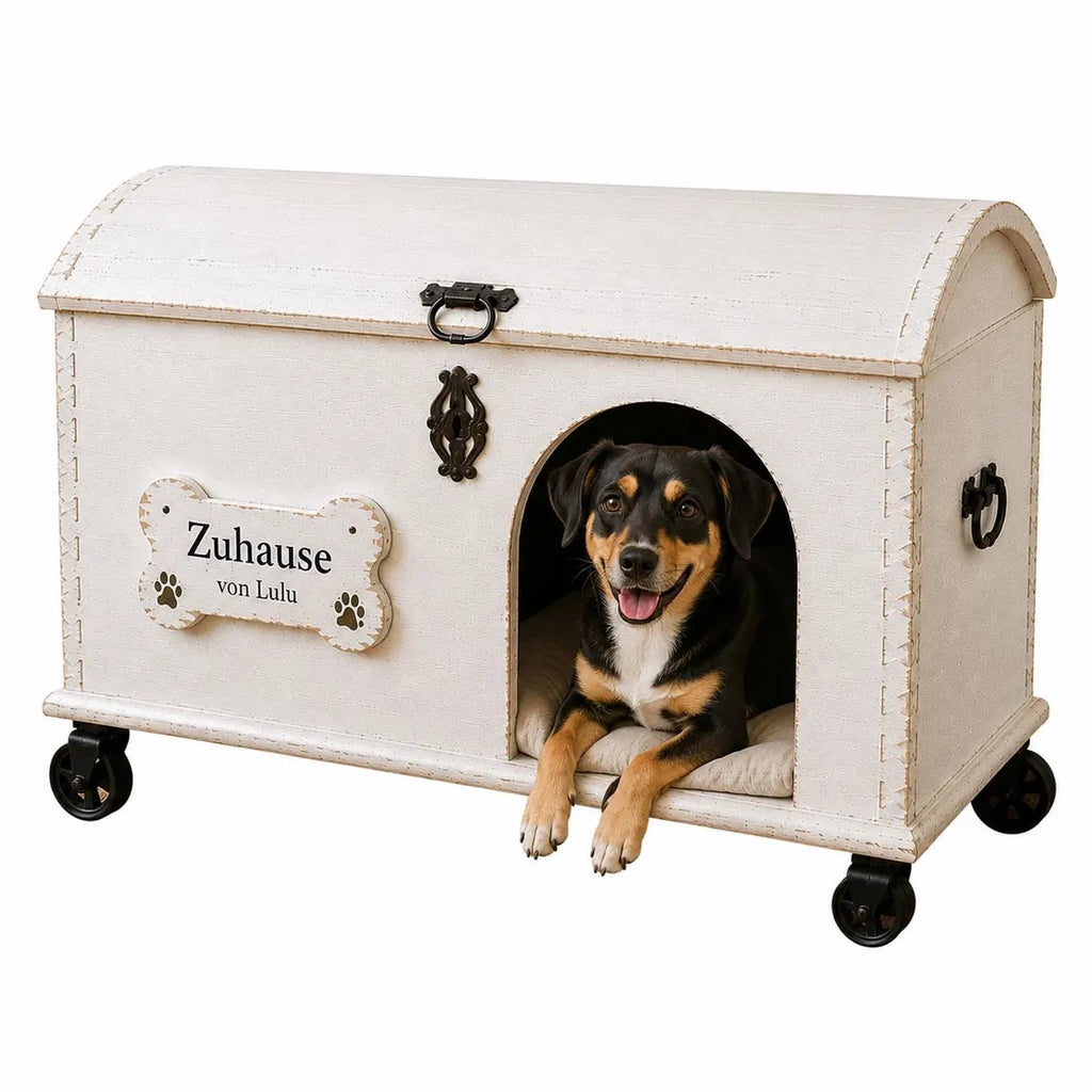 Hundehöhle aus Vintage Holztruhe mit Hundebett & Stauraum – personalisiert | Lulu