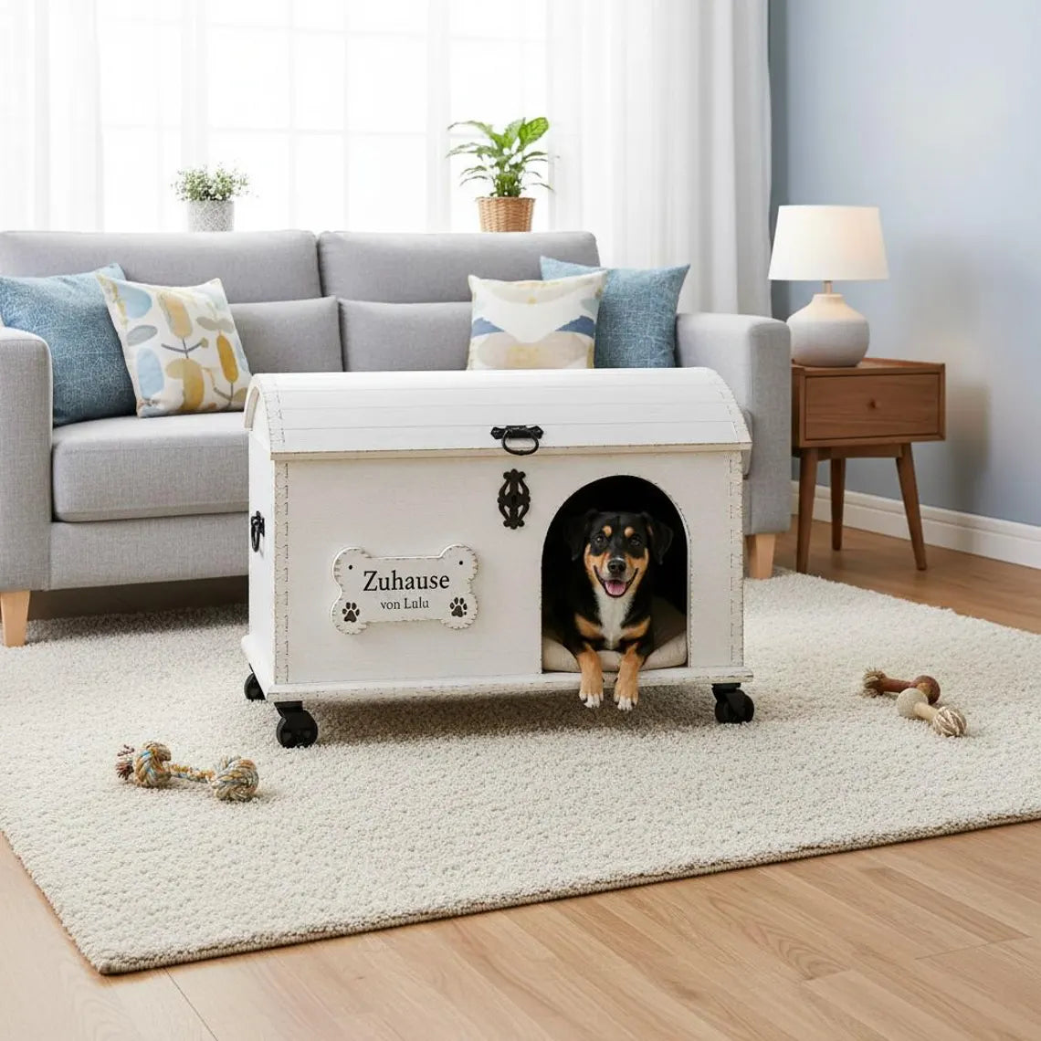 Hundehöhle aus Vintage Holztruhe mit Hundebett & Stauraum – personalisiert | Lulu