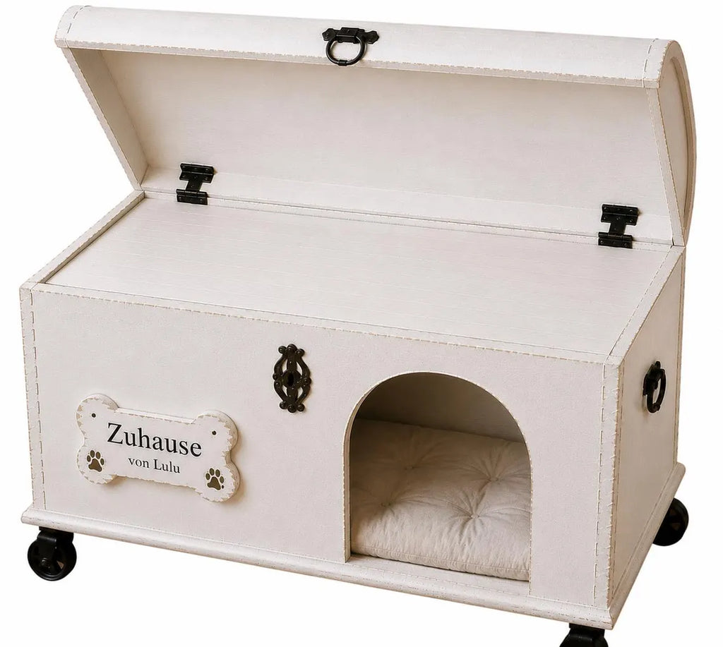 Hundehöhle aus Vintage Holztruhe mit Hundebett & Stauraum – personalisiert | Lulu