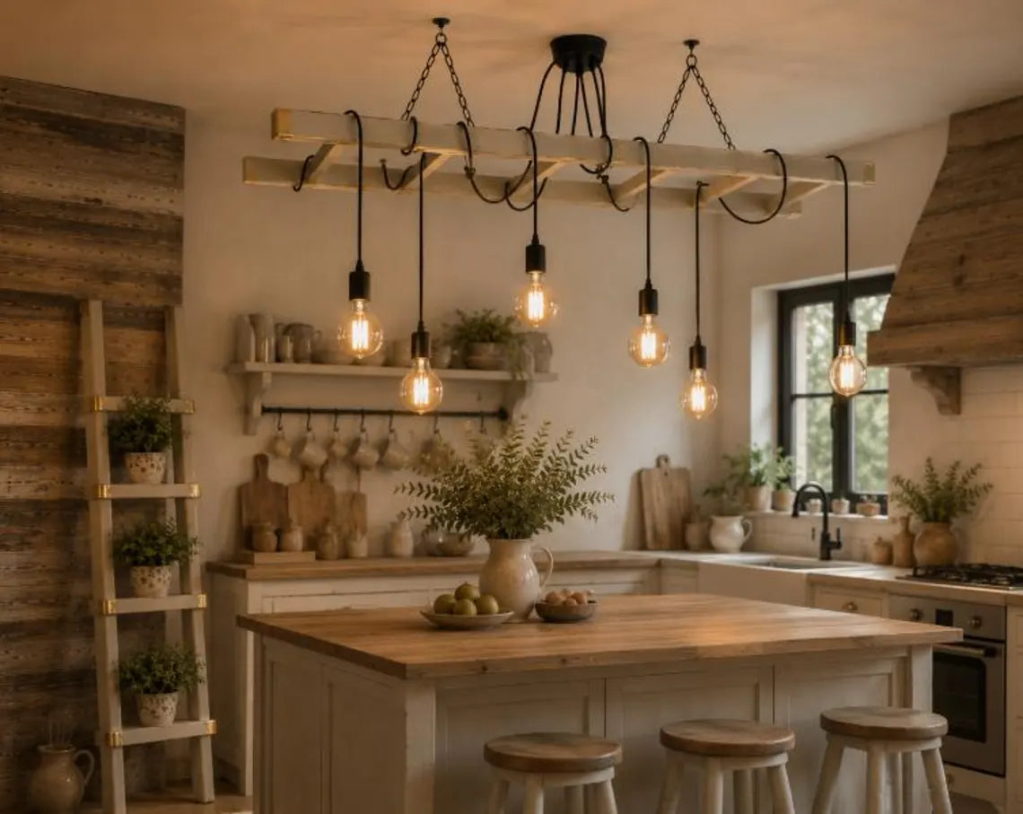 Leiterlampe 6-flammig – große Hängelampe aus alter Holzleiter für Esstisch & Kücheninsel