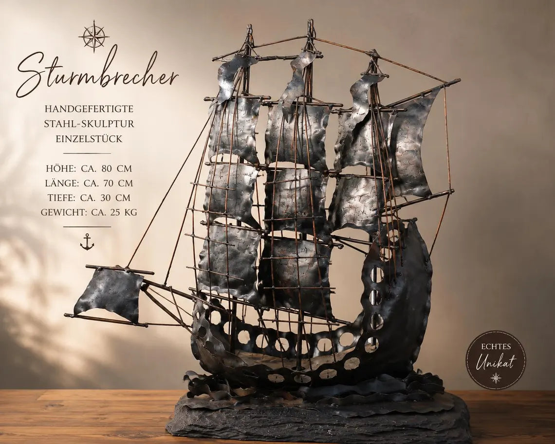 Handgefertigte Segelschiff Skulptur aus Stahl – Maritime Metallkunst Unikat „Sturmbrecher“