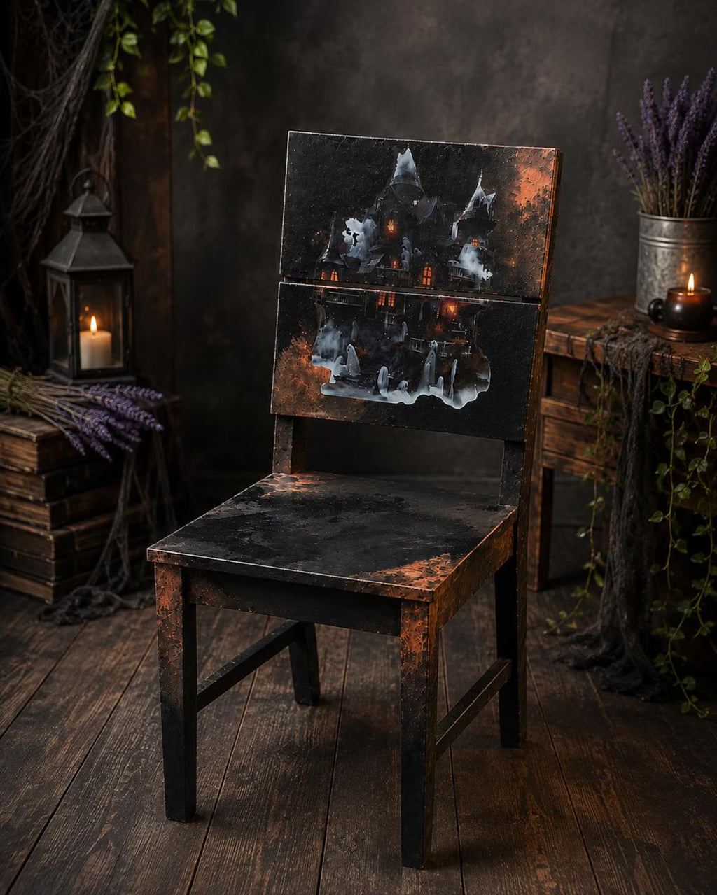 Gothic Vintage Holzstuhl mit Spukhaus-Motiv – Halloween & Dark Academia | Mortimer