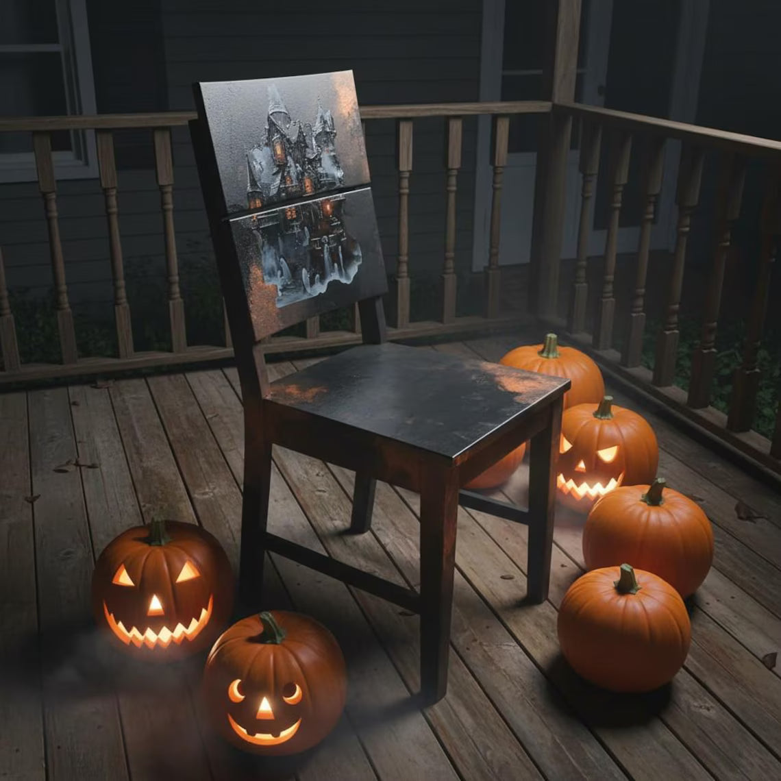 Gothic Vintage Holzstuhl mit Spukhaus-Motiv – Halloween & Dark Academia | Mortimer