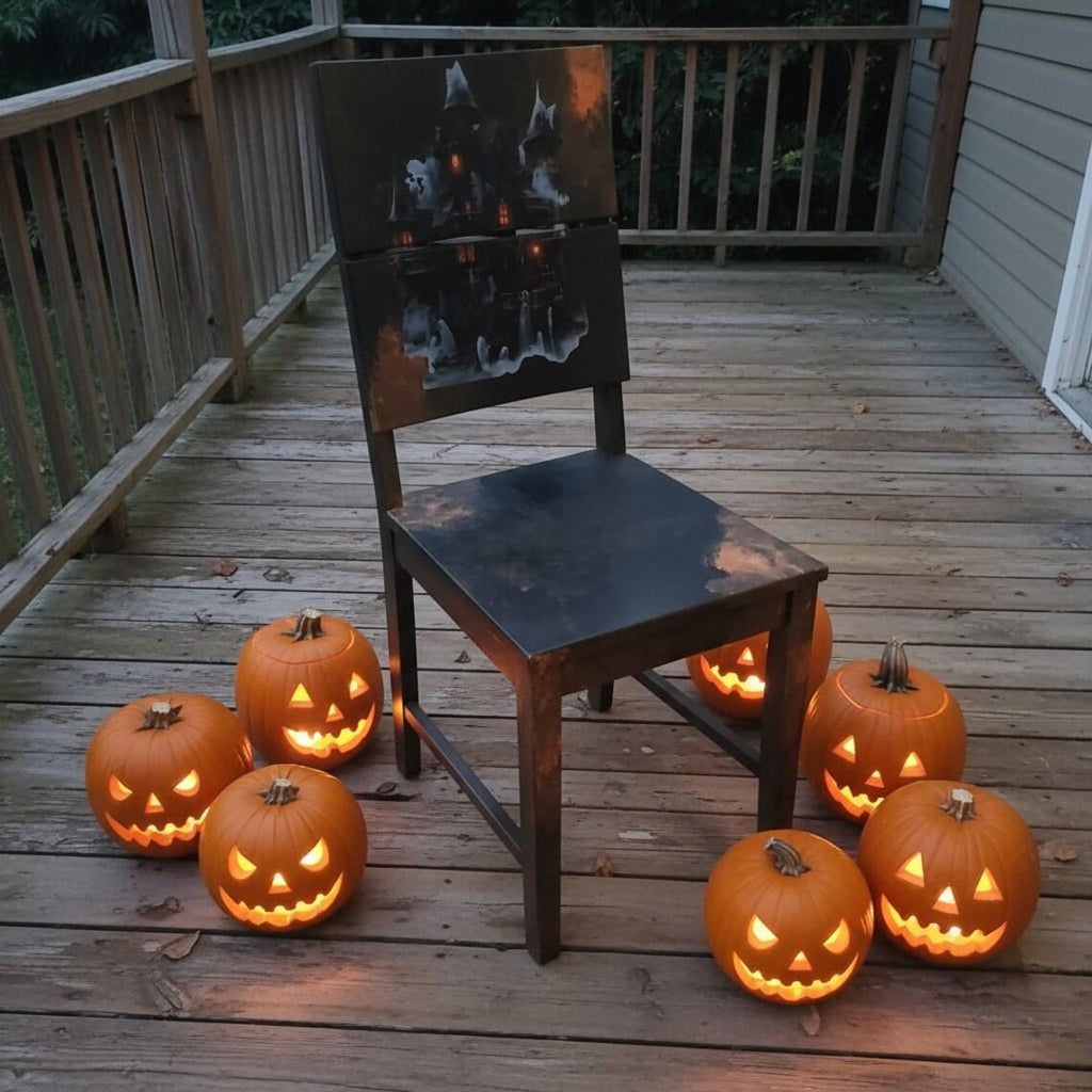 Gothic Vintage Holzstuhl mit Spukhaus-Motiv – Halloween & Dark Academia | Mortimer