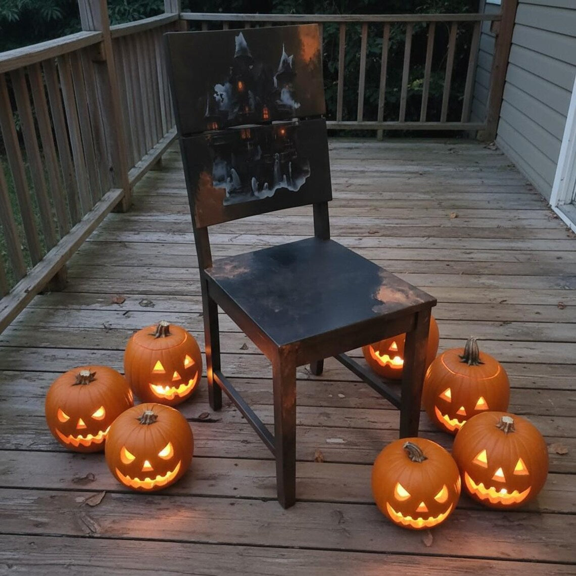 Gothic Vintage Holzstuhl mit Spukhaus-Motiv – Halloween & Dark Academia | Mortimer