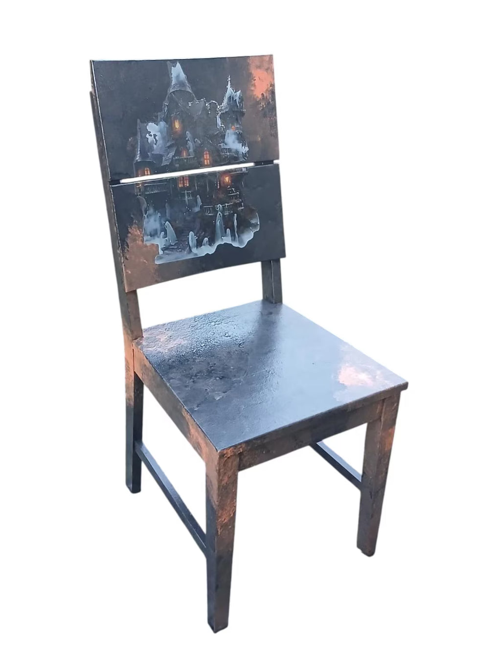 Gothic Vintage Holzstuhl mit Spukhaus-Motiv – Halloween & Dark Academia | Mortimer