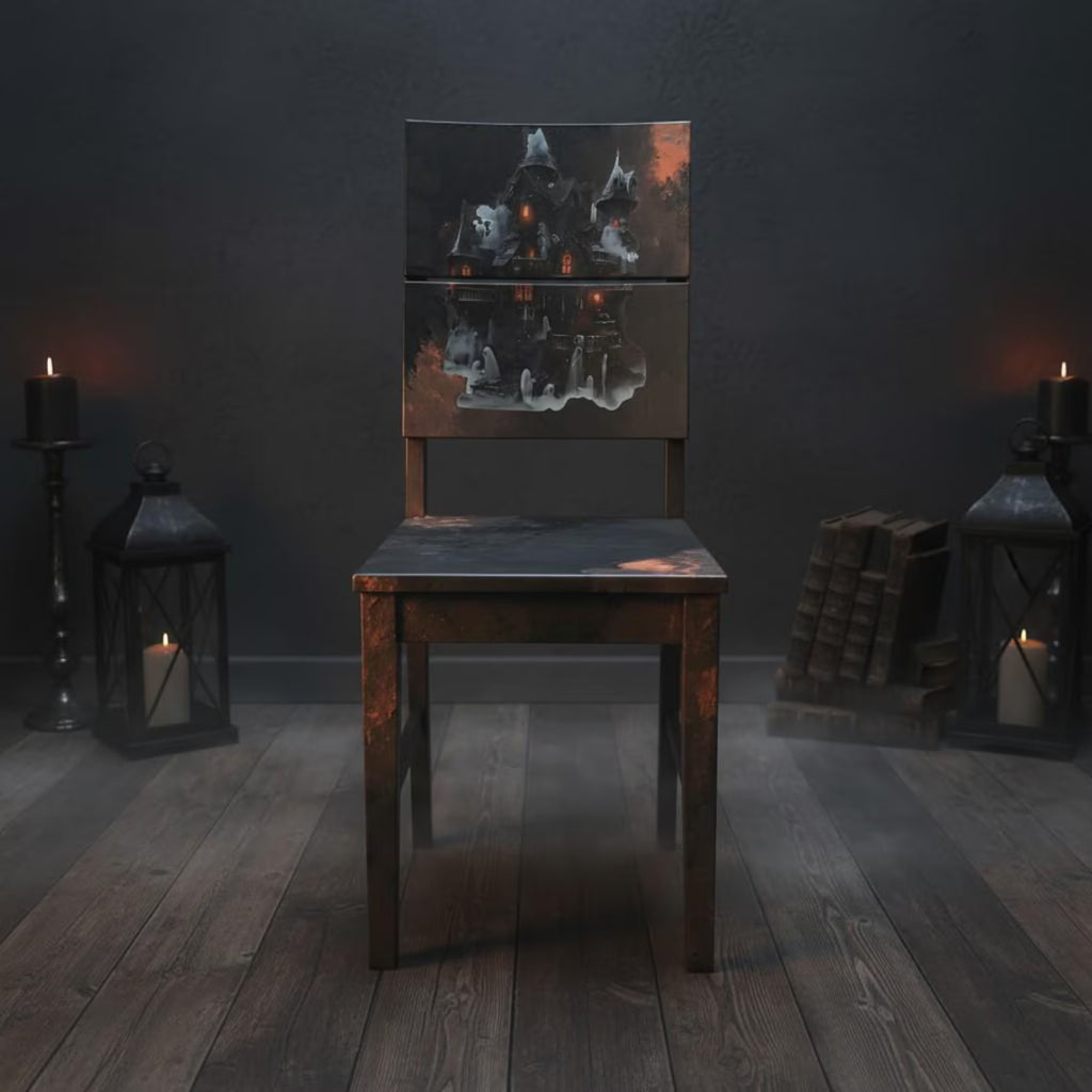 Gothic Vintage Holzstuhl mit Spukhaus-Motiv – Halloween & Dark Academia | Mortimer