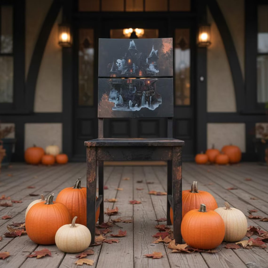 Gothic Vintage Holzstuhl mit Spukhaus-Motiv – Halloween & Dark Academia | Mortimer