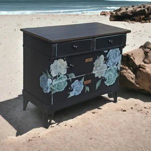Vintage Kommode Schwarz mit Blumenmotiv – Sideboard mit Schubladen – florales Möbel Unikat Patrizia
