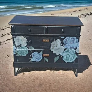 Vintage Kommode Schwarz mit Blumenmotiv – Sideboard mit Schubladen – florales Möbel Unikat Patrizia