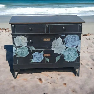 Vintage Kommode Schwarz mit Blumenmotiv – Sideboard mit Schubladen – florales Möbel Unikat Patrizia