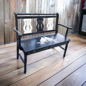 Vintage Sitzbank Landhausstil Schwarz Creme – Kiefernbank mit Taubenmotiv – Flurbank Unikat Irina