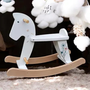 Schaukelpferd aus Holz – aufgearbeitetes Vintage Kindermöbel mit Blumen – Speedy