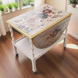 Vintage Beistelltisch mit Klappseiten & Rollen – floraler Shabby Chic Tisch – Verena