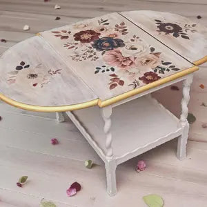 Vintage Beistelltisch mit Klappseiten & Rollen – floraler Shabby Chic Tisch – Verena