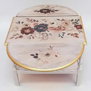 Vintage Beistelltisch mit Klappseiten & Rollen – floraler Shabby Chic Tisch – Verena