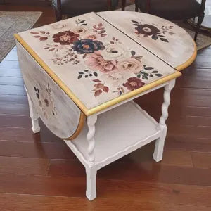 Vintage Beistelltisch mit Klappseiten & Rollen – floraler Shabby Chic Tisch – Verena