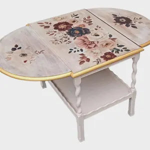 Vintage Beistelltisch mit Klappseiten & Rollen – floraler Shabby Chic Tisch – Verena