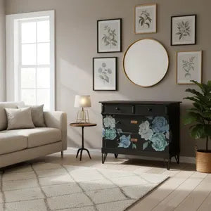 Vintage Kommode Schwarz mit Blumenmotiv – Sideboard mit Schubladen – florales Möbel Unikat Patrizia