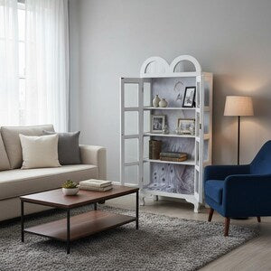 Vintage Vitrine mit Beleuchtung & Pfauenmotiv – Glasvitrine im Landhausstil – Petunia
