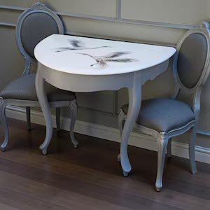 Halbrunder Vintage Wandtisch aus Vollholz – platzsparender Konsolentisch mit Kranichmotiv