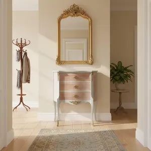 Schmale Vintage Kommode Rosa Creme mit Gold – kleine Kommode mit 3 Schubladen – Debbie