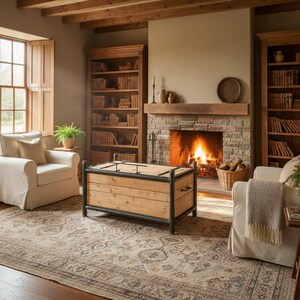 Industrial Truhe aus Holz & Metall – großer Couchtisch mit Stauraum – Berthold