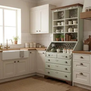 Vintage Küchenschrank mit Arbeitsfläche – Küchensekretär & Coffee Bar in Mintgrün – Benno
