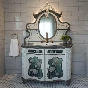 Vintage Waschtisch mit Spiegel & Marmorplatte – romantisches Badezimmermöbel im französischen Stil – Roberta