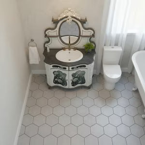 Vintage Waschtisch mit Spiegel & Marmorplatte – romantisches Badezimmermöbel im französischen Stil – Roberta