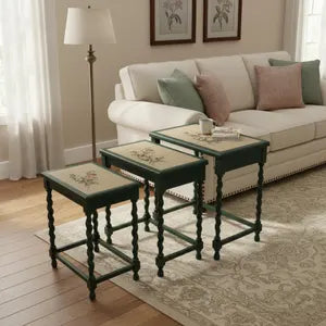Vintage Satztische 3er-Set aus Holz – Beistelltische mit Blumenmotiv im Landhausstil