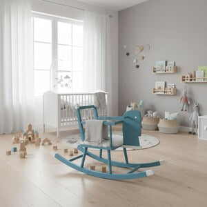 Vintage Schaukelpferd aus Holz in Blau & Weiß – dekoratives Holzpferd fürs Kinderzimmer – Lumi