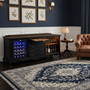 Homebar mit Weinkühlschrank – große Vintage Hausbar mit Beleuchtung & Marmorplatte – Der Alte Baron