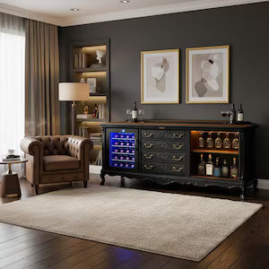 Homebar mit Weinkühlschrank – große Vintage Hausbar mit Beleuchtung & Marmorplatte – Der Alte Baron