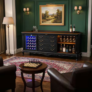 Homebar mit Weinkühlschrank – große Vintage Hausbar mit Beleuchtung & Marmorplatte – Der Alte Baron