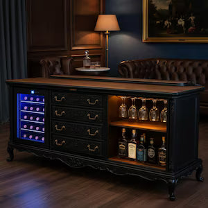 Homebar mit Weinkühlschrank – große Vintage Hausbar mit Beleuchtung & Marmorplatte – Der Alte Baron