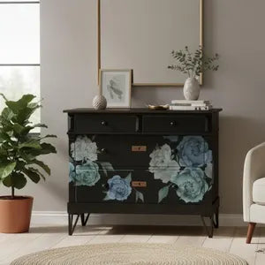Vintage Kommode Schwarz mit Blumenmotiv – Sideboard mit Schubladen – florales Möbel Unikat Patrizia