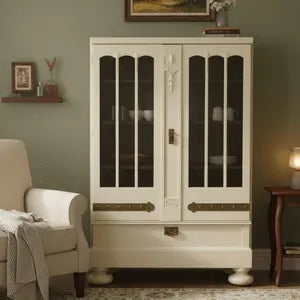 Vintage Vitrinenschrank mit Beleuchtung – cremefarbene Vitrine mit Facettenglas – Aris