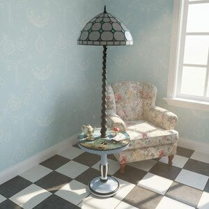 Vintage Stehlampe mit Beistelltisch & Tiffany-Glasschirm – Fantasy Tischlampe – Bluebell